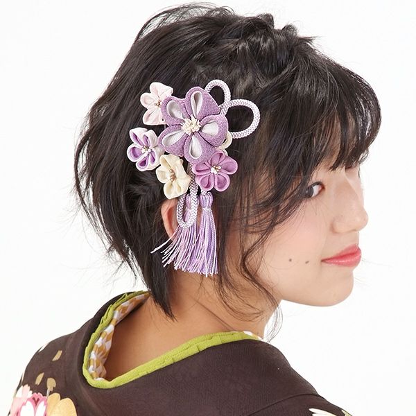 振袖髪飾り2点セット「青藤色のつまみのお花、組紐、房飾り