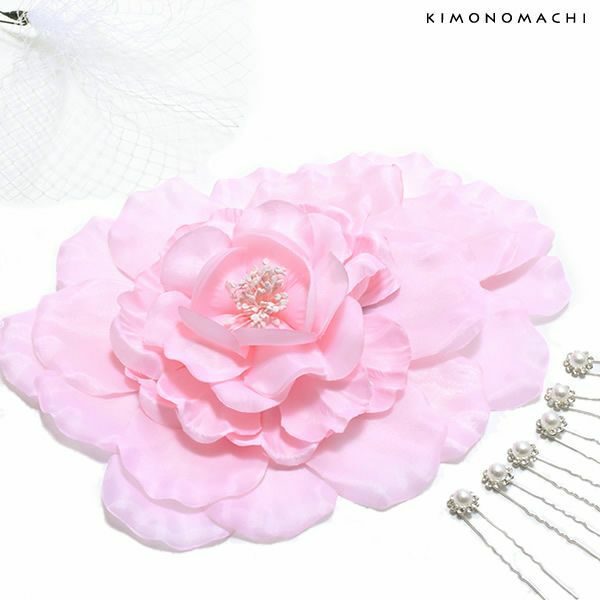 振袖髪飾りセット「薄ピンク色の大きなお花、レース、Uピン飾り」振袖 ヘッドドレス