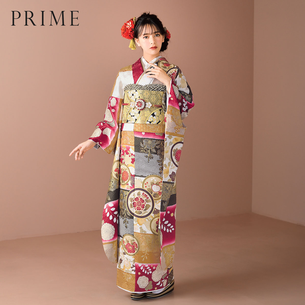 PRIME 赤 段違いに花丸文（【振袖・袋帯・長襦袢のセット商品です】）