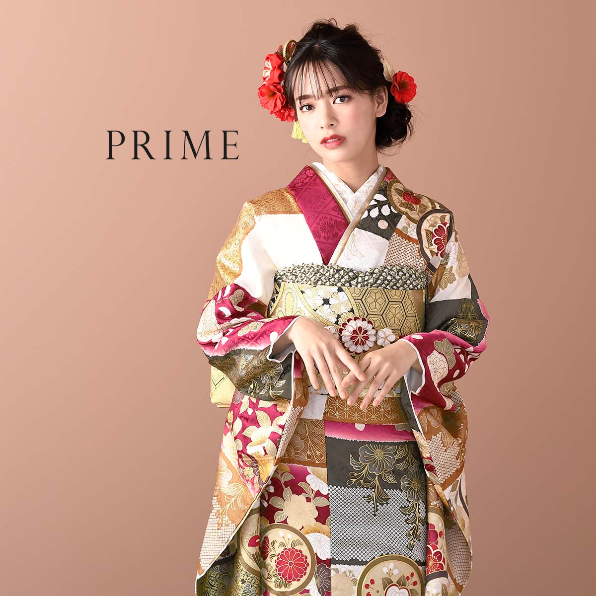 PRIME 赤 段違いに花丸文（【振袖・袋帯・長襦袢のセット商品です】）