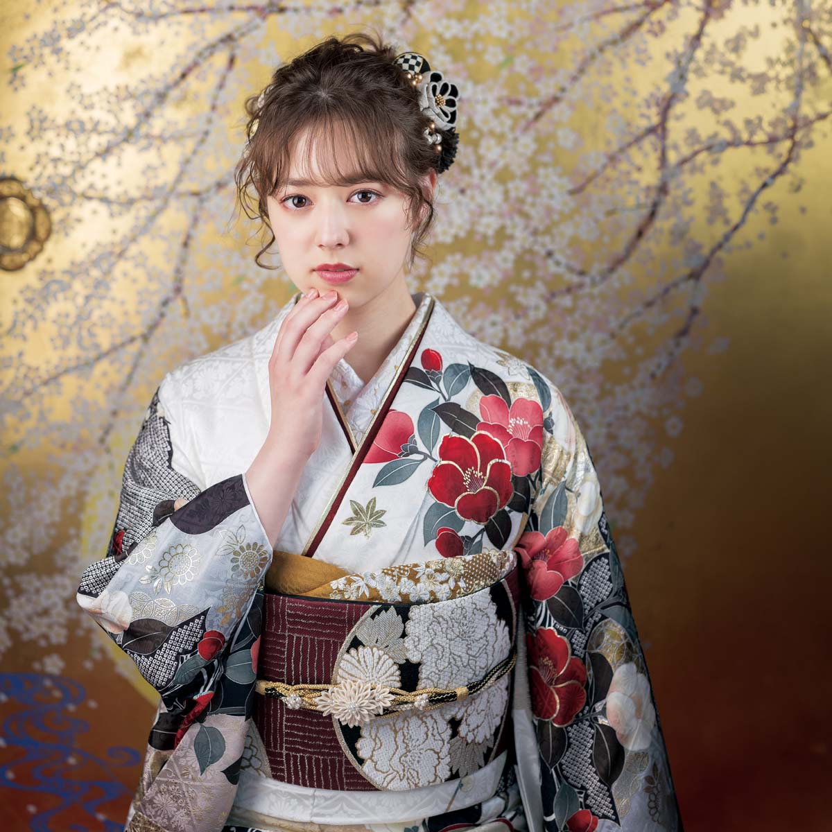 SACRA 白　梅椿に霞（【振袖・袋帯・長襦袢のセット商品です】）