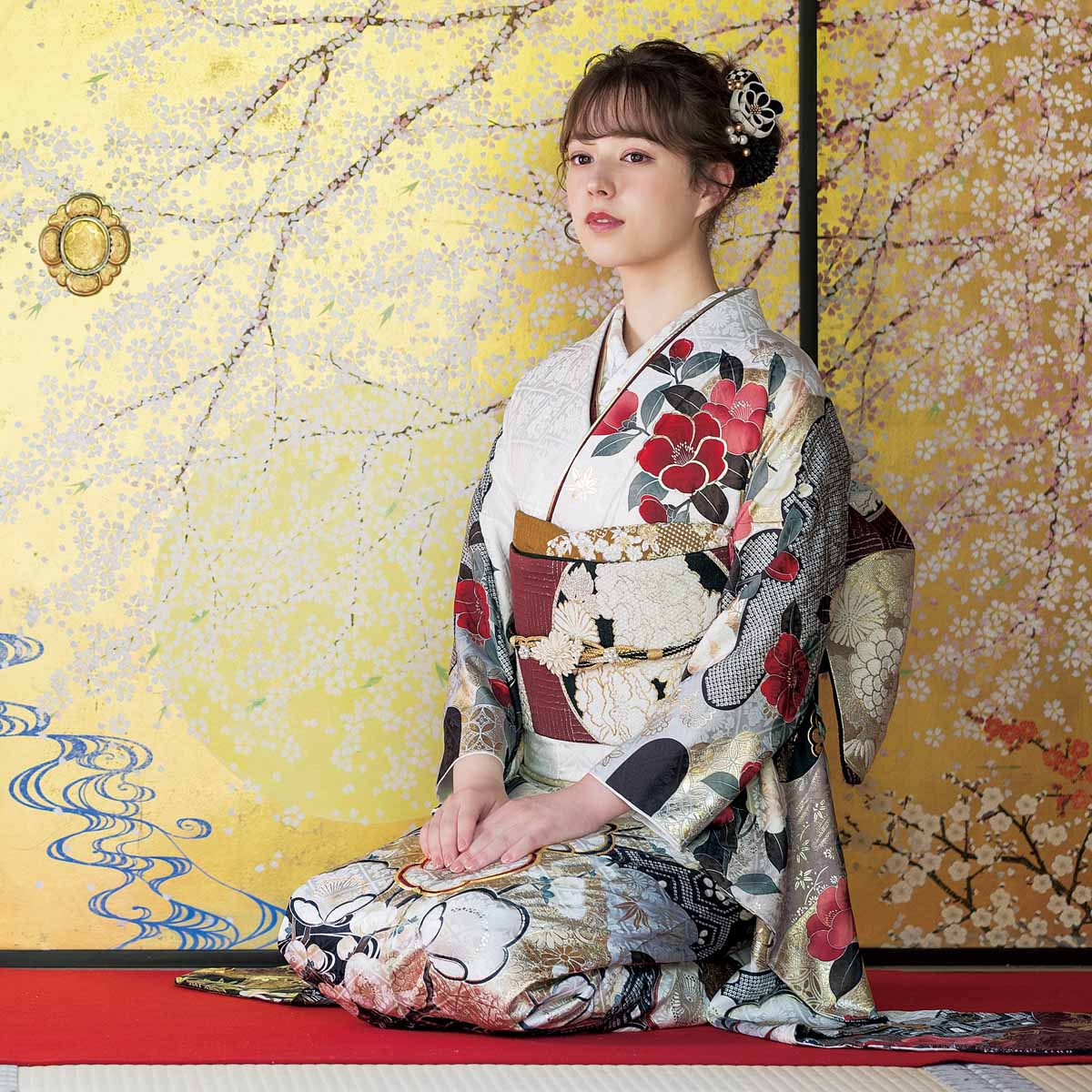 SACRA 白　梅椿に霞（【振袖・袋帯・長襦袢のセット商品です】）