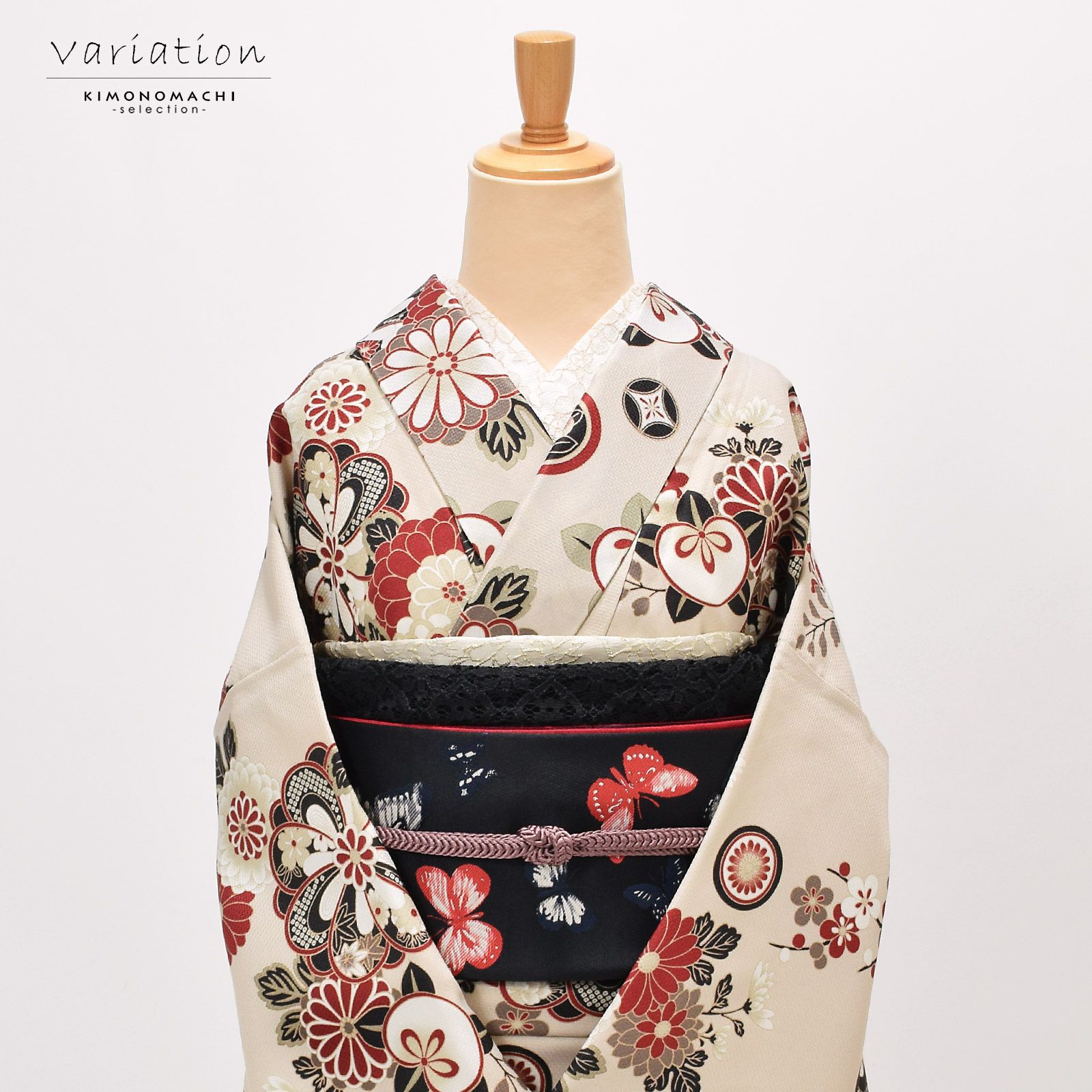 優美辻ヶ花振袖7点セット帯新品帯締め帯揚げフルセットベルベットレース赤黒LR33 優美辻ヶ花振袖7点セット帯新品帯締め帯揚げフルセットベルベット