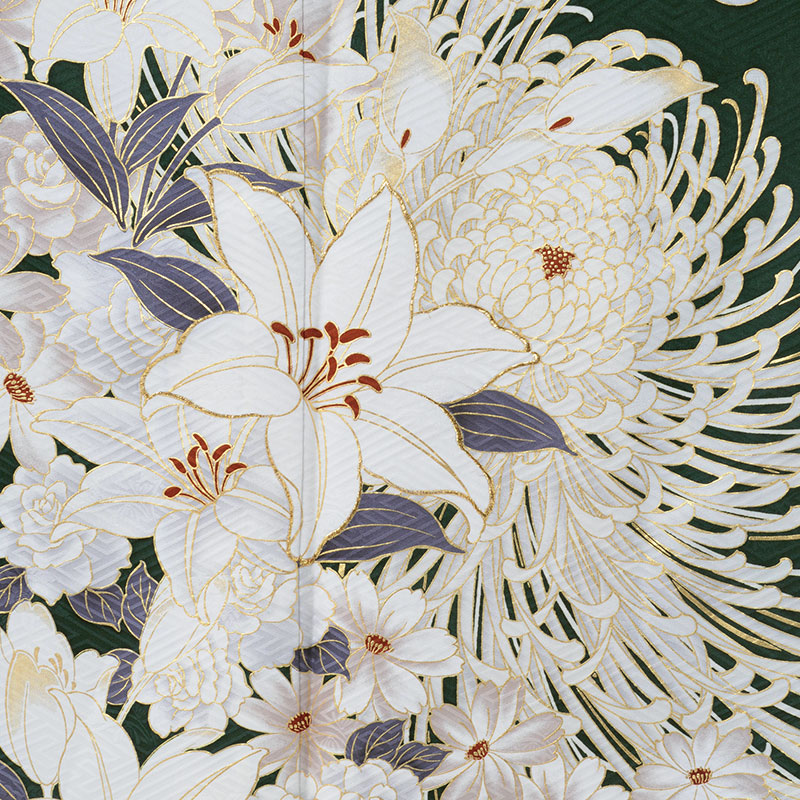 東京レトロ 深緑　百合に乱菊（【振袖・袋帯・長襦袢のセット商品です】）