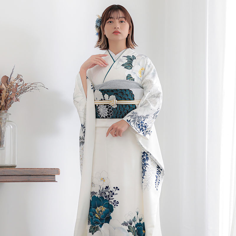Vサンク 白　牡丹に花々（【振袖・袋帯・長襦袢のセット商品です】）