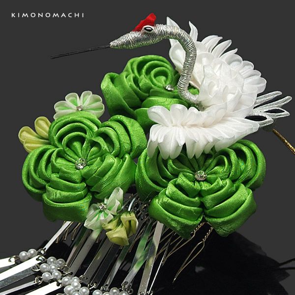 つまみ細工髪飾り「グリーンのお花、翔鶴」 | KAMIKAZARI | 京都きもの夢館