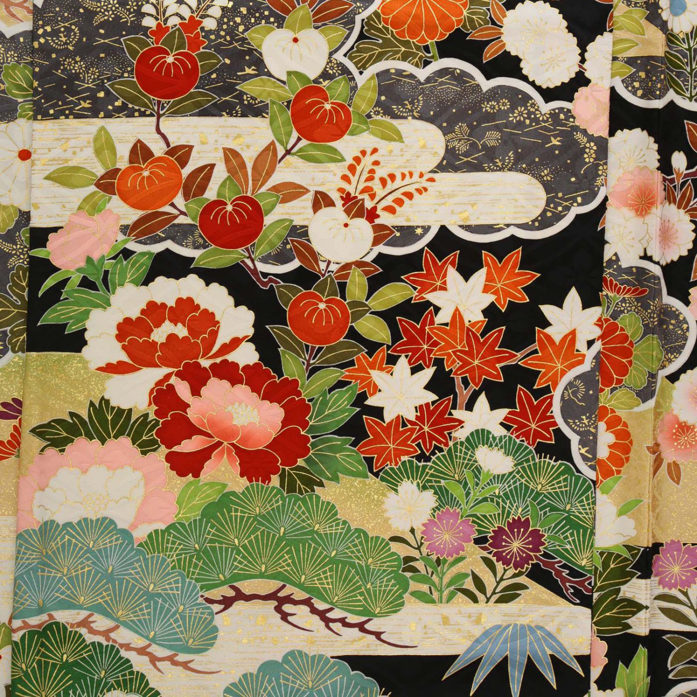 吉澤の友禅 黒 吉澤の本格型友禅 牡丹に花々（【振袖・袋帯・長襦袢の