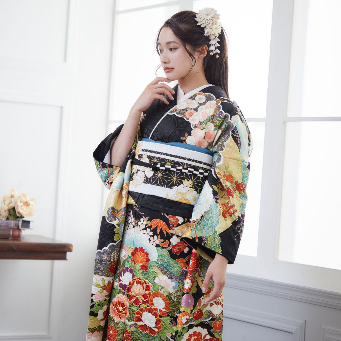 吉澤友禅　黒地　大光　振袖　フルセット 吉澤の友禅 紺 吉澤の本格型友禅 四君子（【振袖・袋帯・長襦袢の