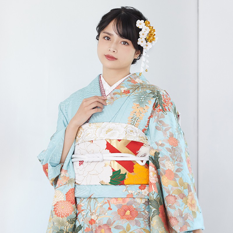 刺繍　牡丹　南天　菊花模様　付け下げ　着物　101a p 刺繍牡丹南天菊花模様付け下げ着物101a p