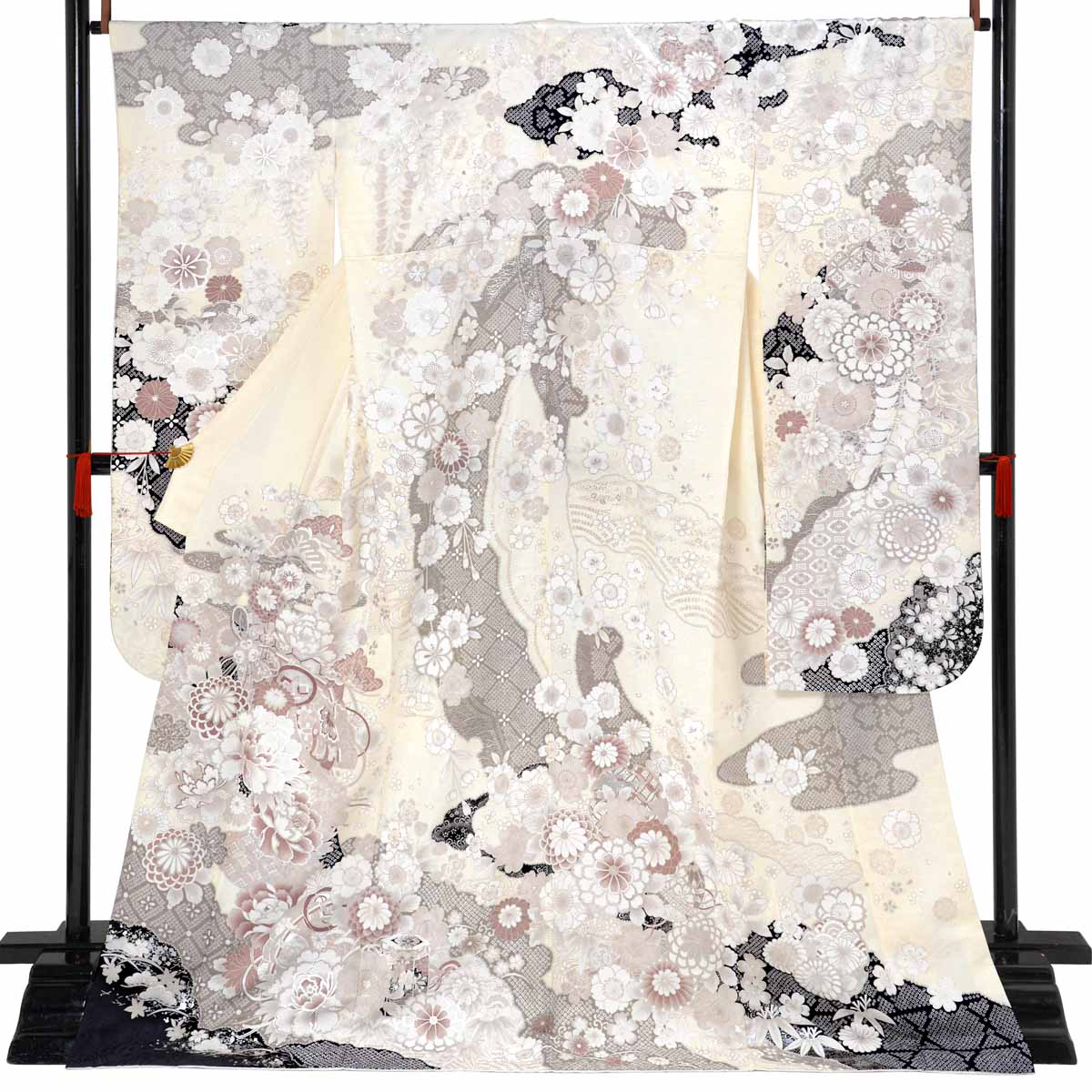 オフホワイト 檜扇に牡丹（【振袖・袋帯・長襦袢のセット商品】）