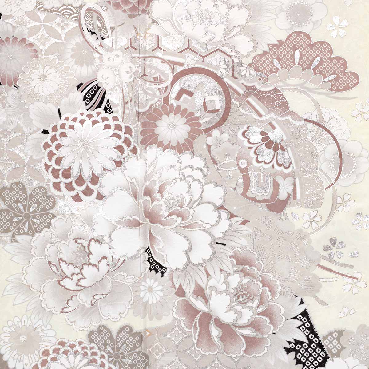 オフホワイト 檜扇に牡丹（【振袖・袋帯・長襦袢のセット商品】）