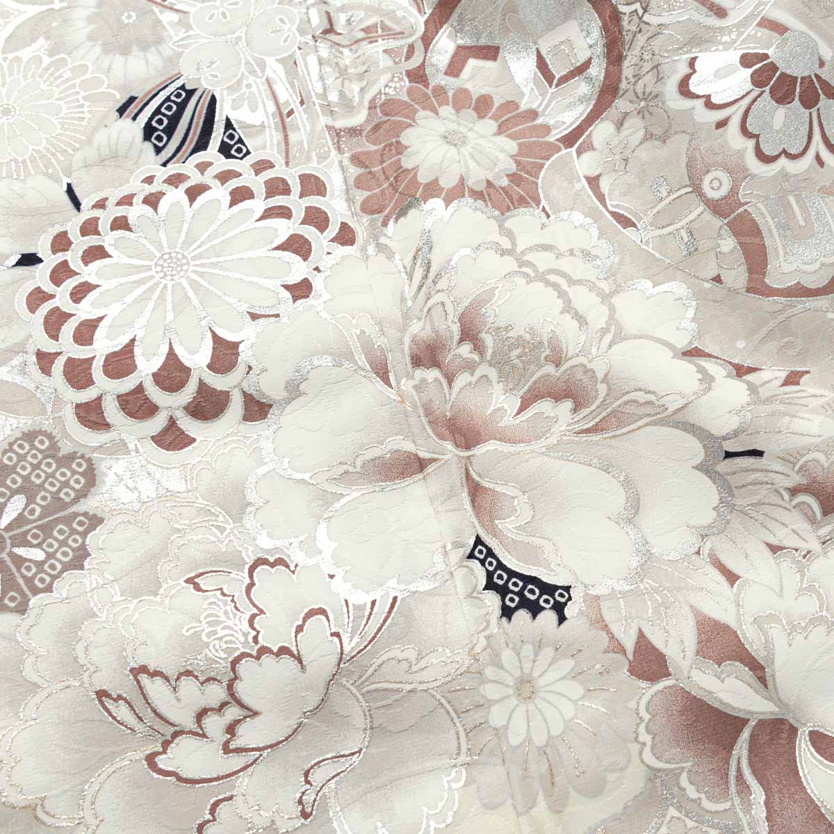 オフホワイト 檜扇に牡丹（【振袖・袋帯・長襦袢のセット商品】）