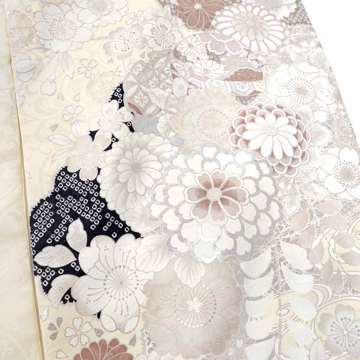 オフホワイト 檜扇に牡丹（【振袖・袋帯・長襦袢のセット商品】）