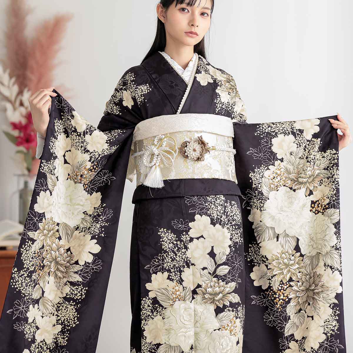 黒紫　白洋花（【振袖・袋帯・長襦袢のセット商品】）