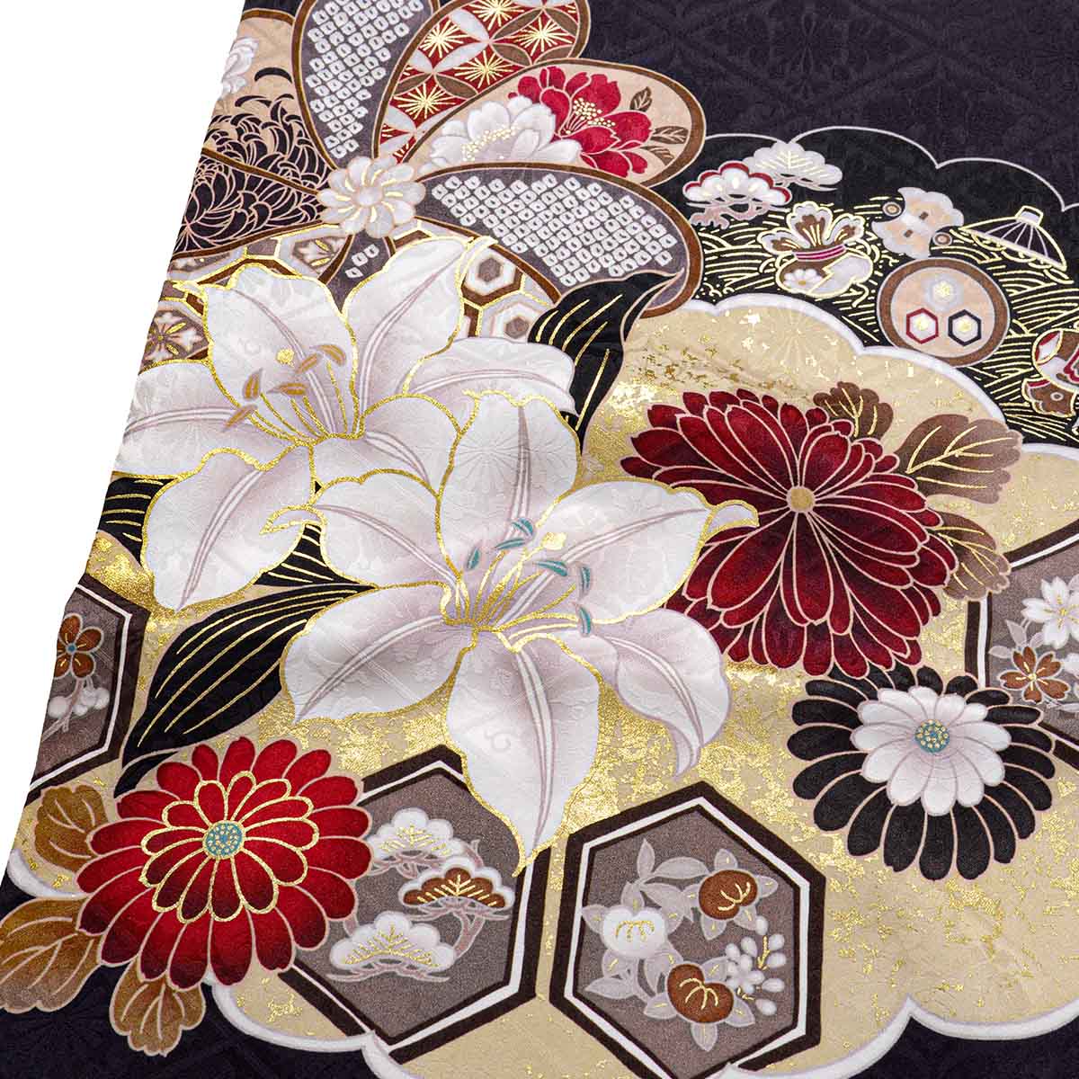 濃紺　百合に椿　ねじれ梅（【振袖・袋帯・長襦袢のセット商品】）