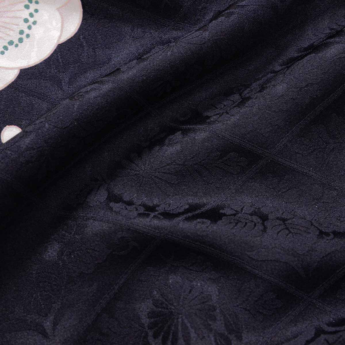 濃紺　百合に椿　ねじれ梅（【振袖・袋帯・長襦袢のセット商品】）