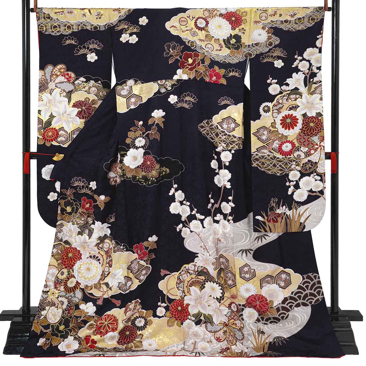 濃紺　百合に椿　ねじれ梅（【振袖・袋帯・長襦袢のセット商品】）