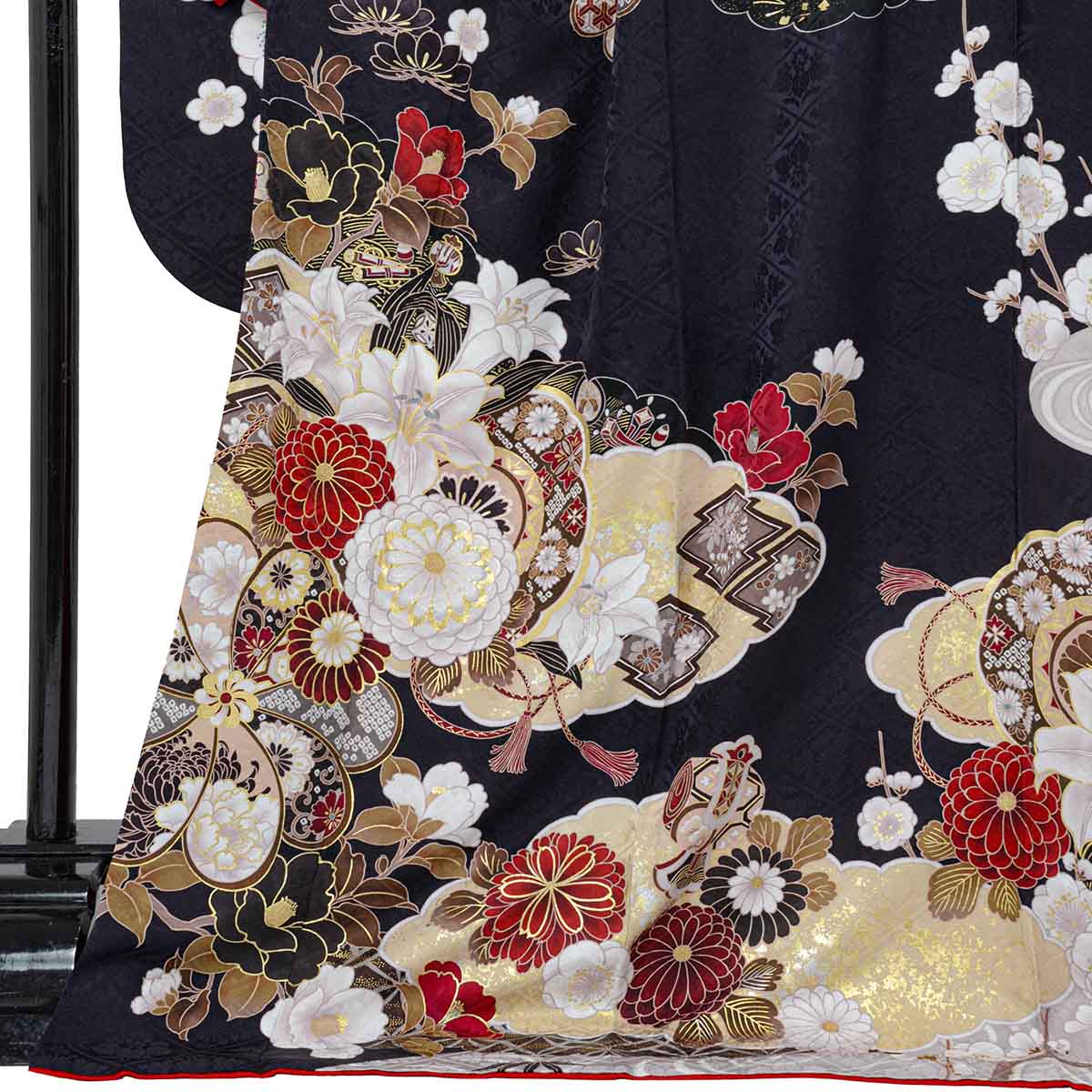 濃紺　百合に椿　ねじれ梅（【振袖・袋帯・長襦袢のセット商品】）