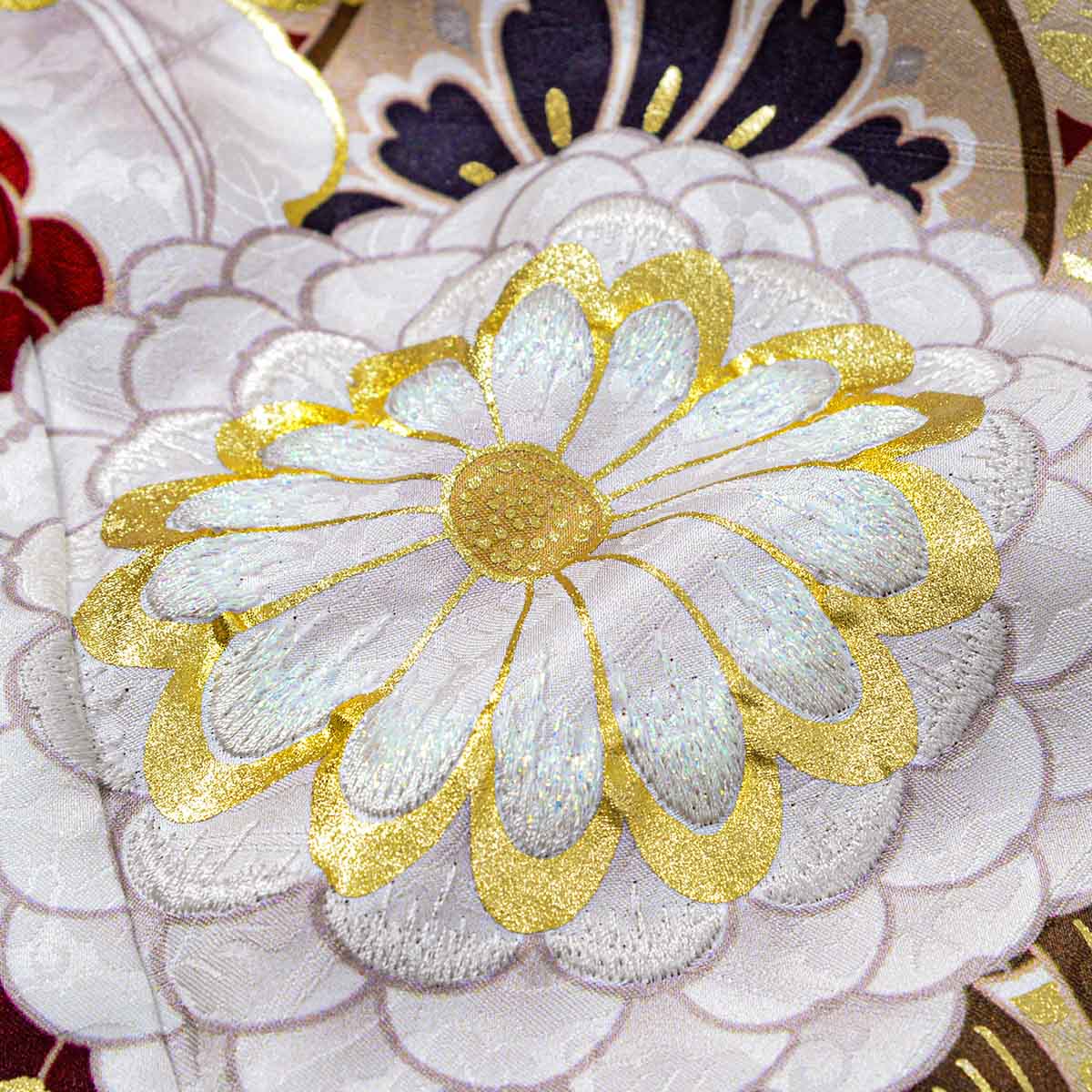 濃紺　百合に椿　ねじれ梅（【振袖・袋帯・長襦袢のセット商品】）