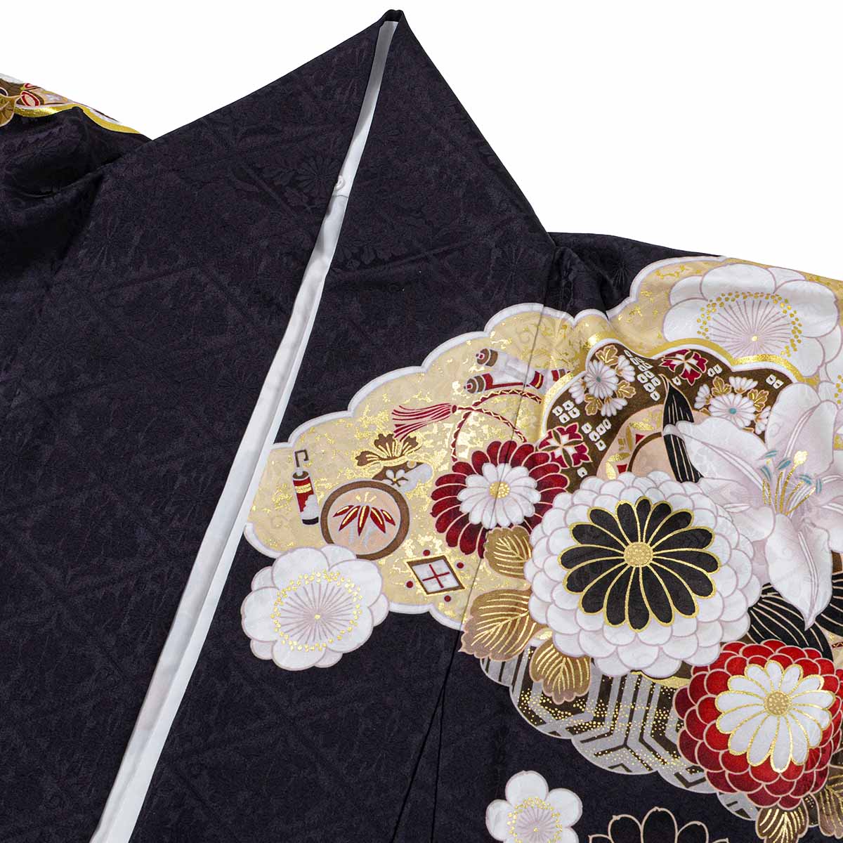 濃紺　百合に椿　ねじれ梅（【振袖・袋帯・長襦袢のセット商品】）