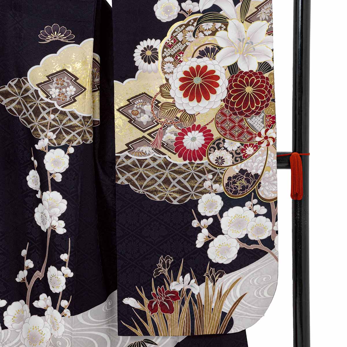 濃紺　百合に椿　ねじれ梅（【振袖・袋帯・長襦袢のセット商品】）