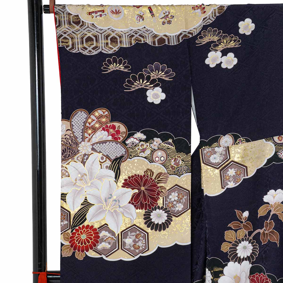濃紺　百合に椿　ねじれ梅（【振袖・袋帯・長襦袢のセット商品】）