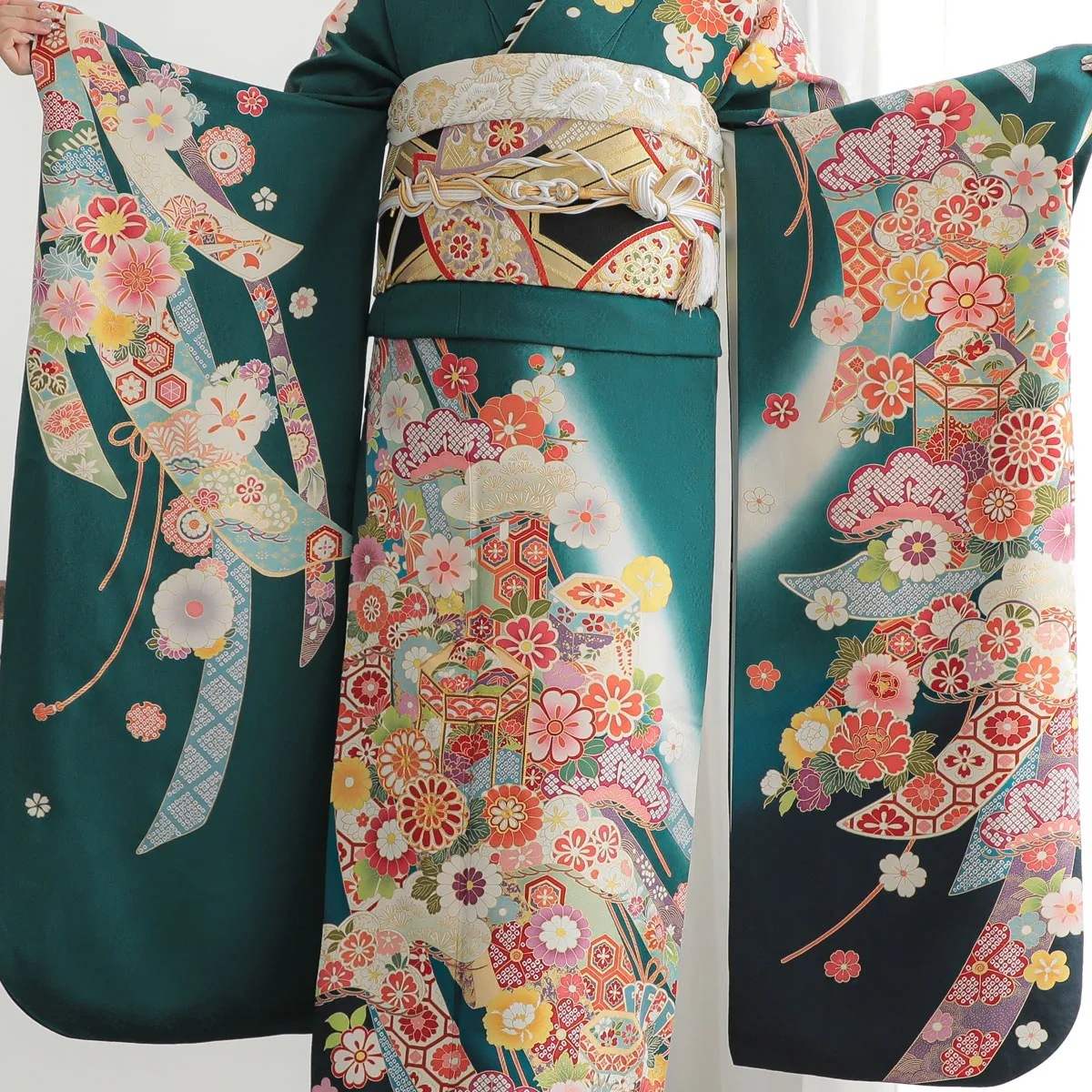 成人式振袖レンタル 緑 貝桶に花☆(絹) | RENTAL,振袖（12月・1月
