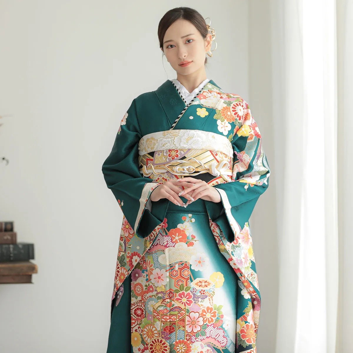 成人式振袖レンタル 緑 貝桶に花☆(絹) | RENTAL,振袖（12月・1月