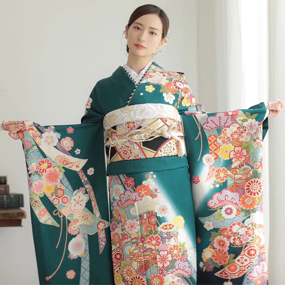 成人式振袖レンタル 緑 貝桶に花☆(絹) | RENTAL,振袖（12月・1月