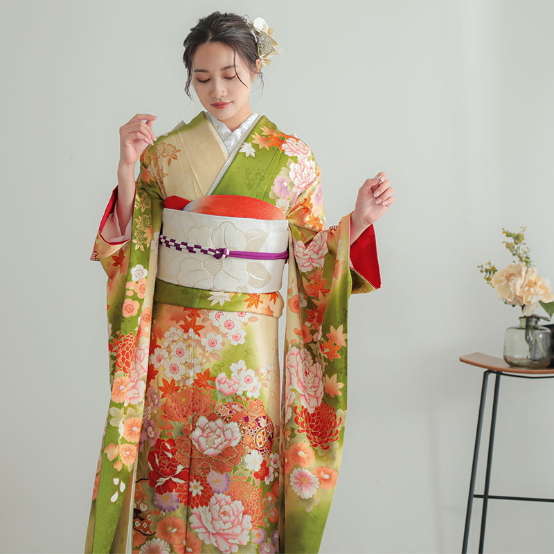 成人式振袖レンタル 黄緑　牡丹に鼓(絹)