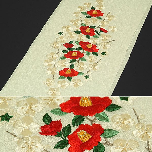 刺繍半衿 生成り 赤椿、白梅 日本製＜R＞ | KOMONO,半衿 | 京都きもの夢館