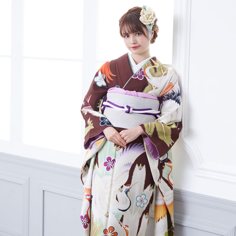 成人式振袖レンタル 茶色 松鶴に梅