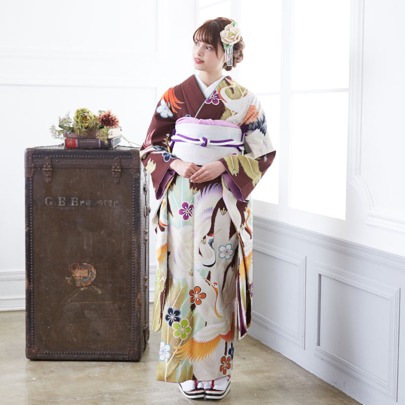 成人式振袖レンタル 茶色 松鶴に梅