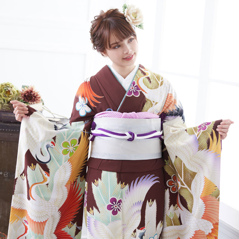 成人式振袖レンタル 茶色 松鶴に梅