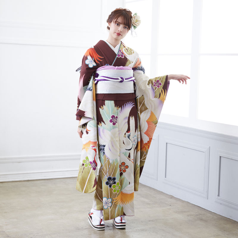 成人式振袖レンタル 茶色 松鶴に梅