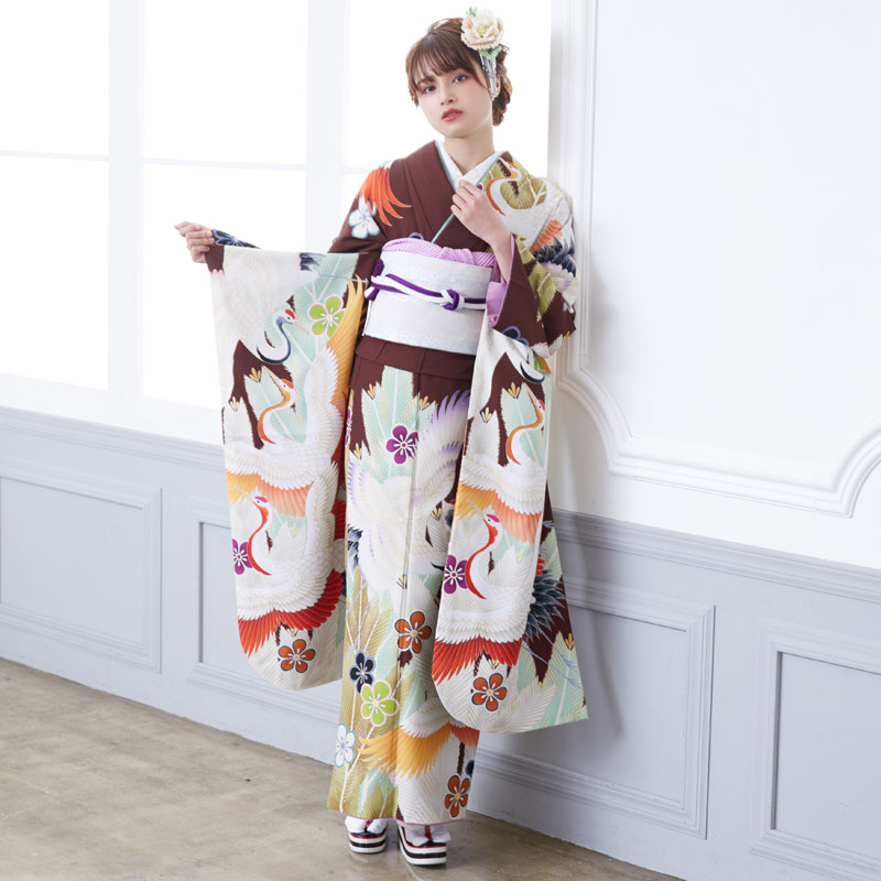 成人式振袖レンタル 茶色 松鶴に梅
