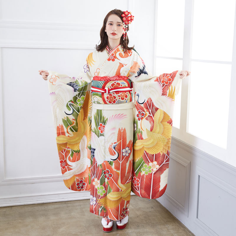 成人式振袖レンタル クリーム色　松鶴に梅