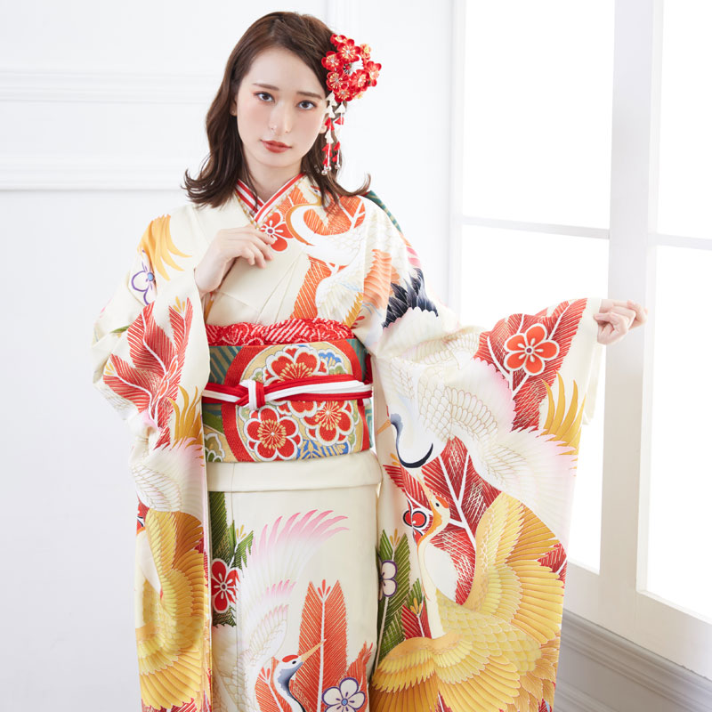 成人式振袖レンタル クリーム色　松鶴に梅