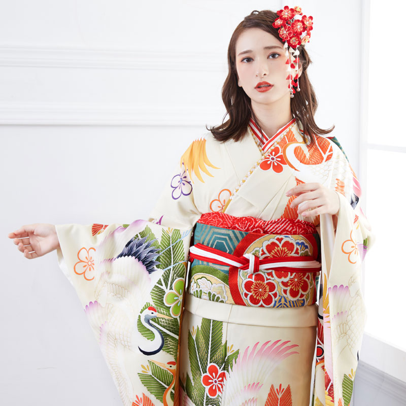 成人式振袖レンタル クリーム色　松鶴に梅