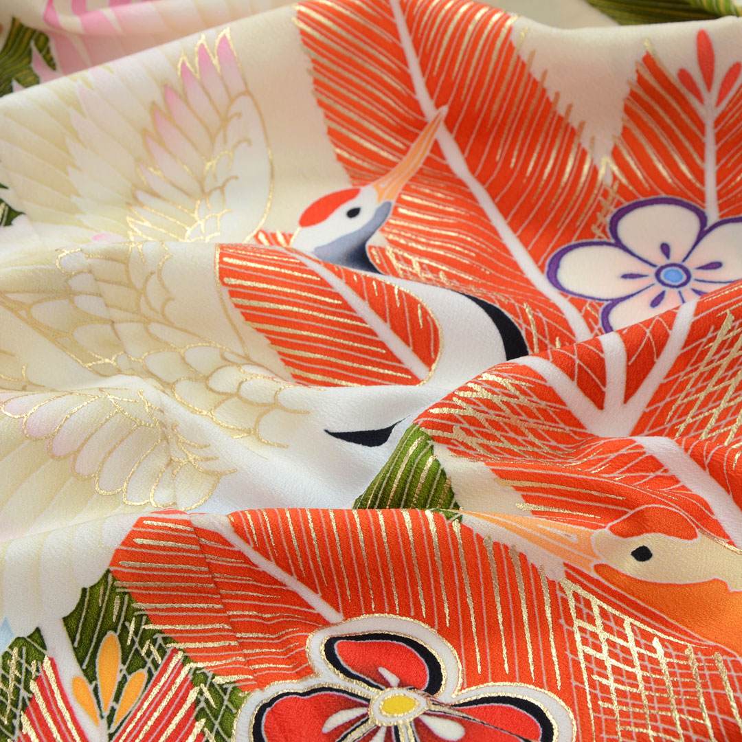 成人式振袖レンタル クリーム色　松鶴に梅