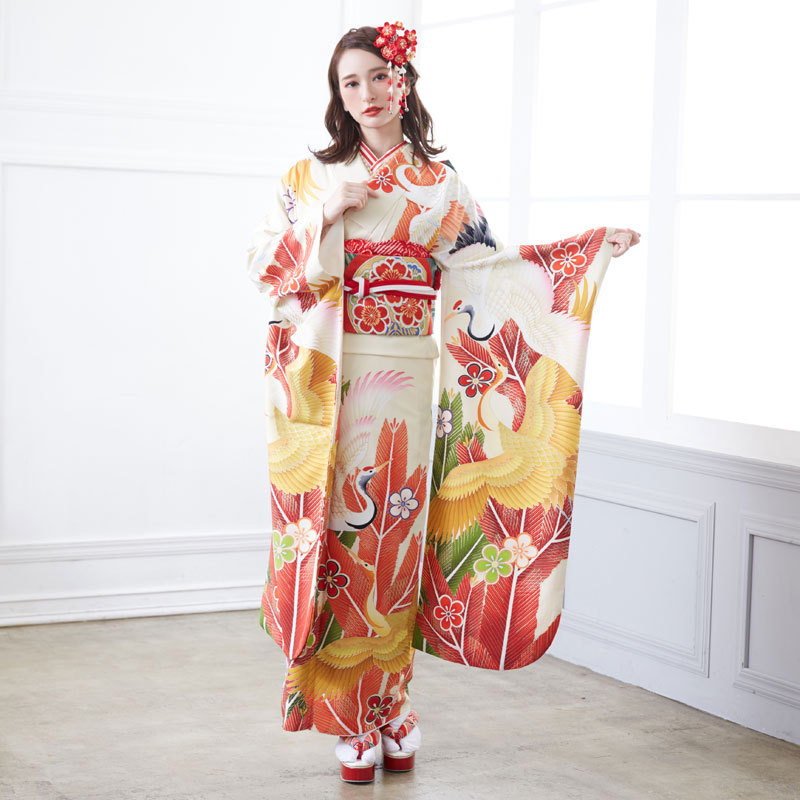 成人式振袖レンタル クリーム色　松鶴に梅