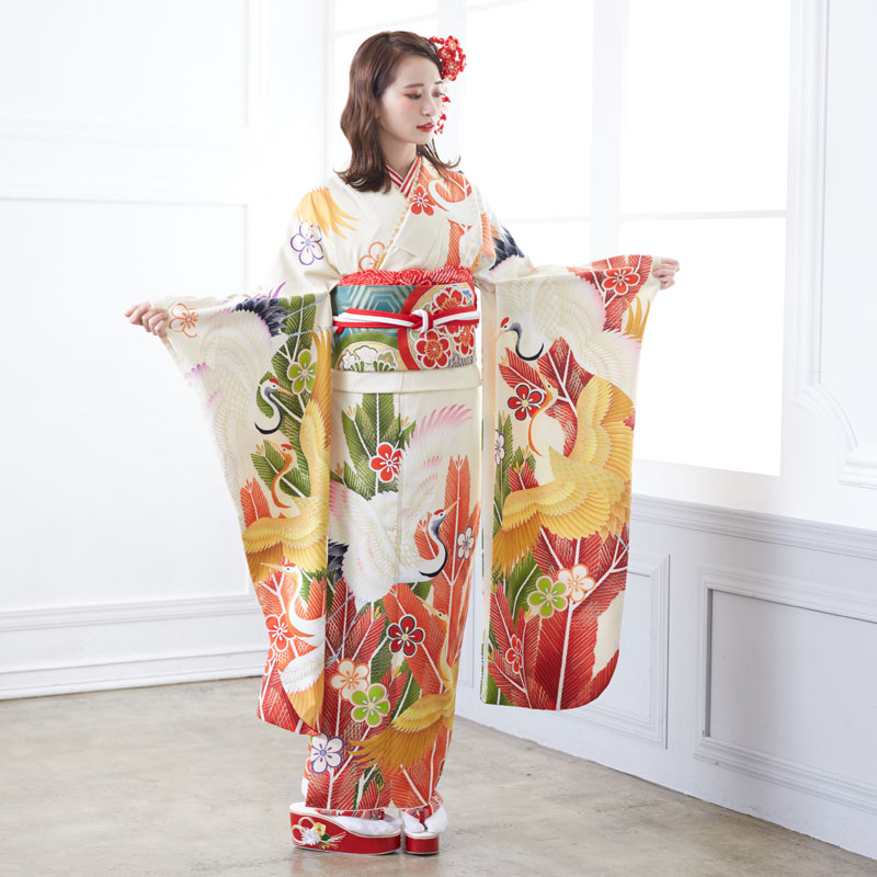 成人式振袖レンタル クリーム色　松鶴に梅