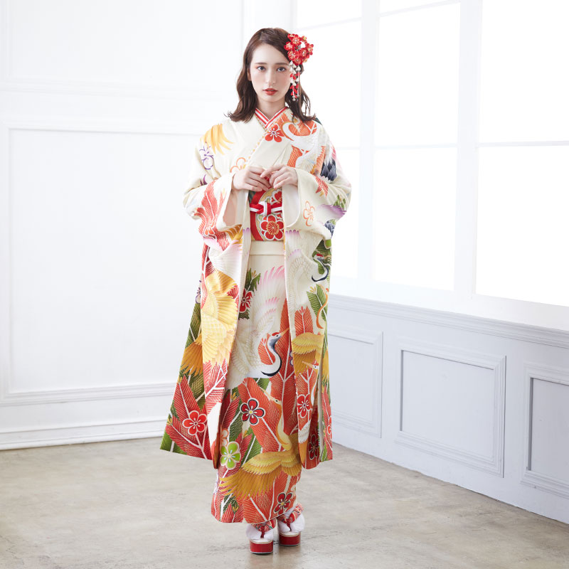 成人式振袖レンタル クリーム色　松鶴に梅