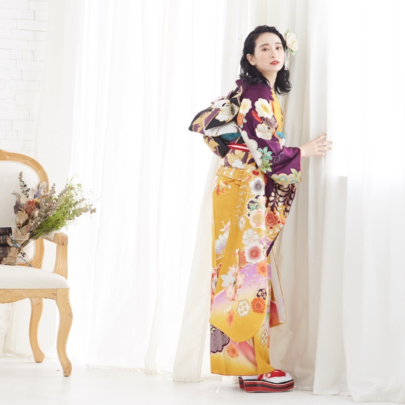 成人式振袖レンタル オレンジ×紫 松竹梅桜藤に鶴(絹)