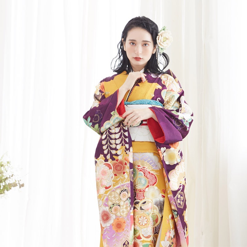 成人式振袖レンタル オレンジ×紫 松竹梅桜藤に鶴(絹)