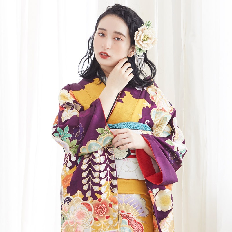 成人式振袖レンタル オレンジ×紫 松竹梅桜藤に鶴(絹)