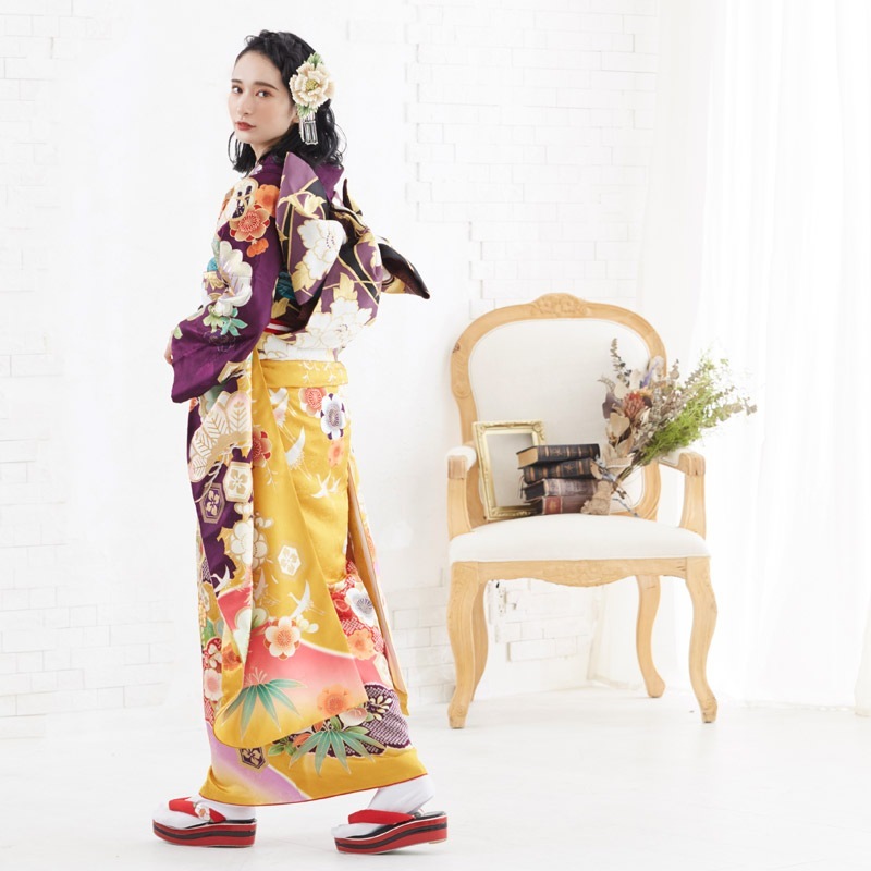 成人式振袖レンタル オレンジ×紫 松竹梅桜藤に鶴(絹)