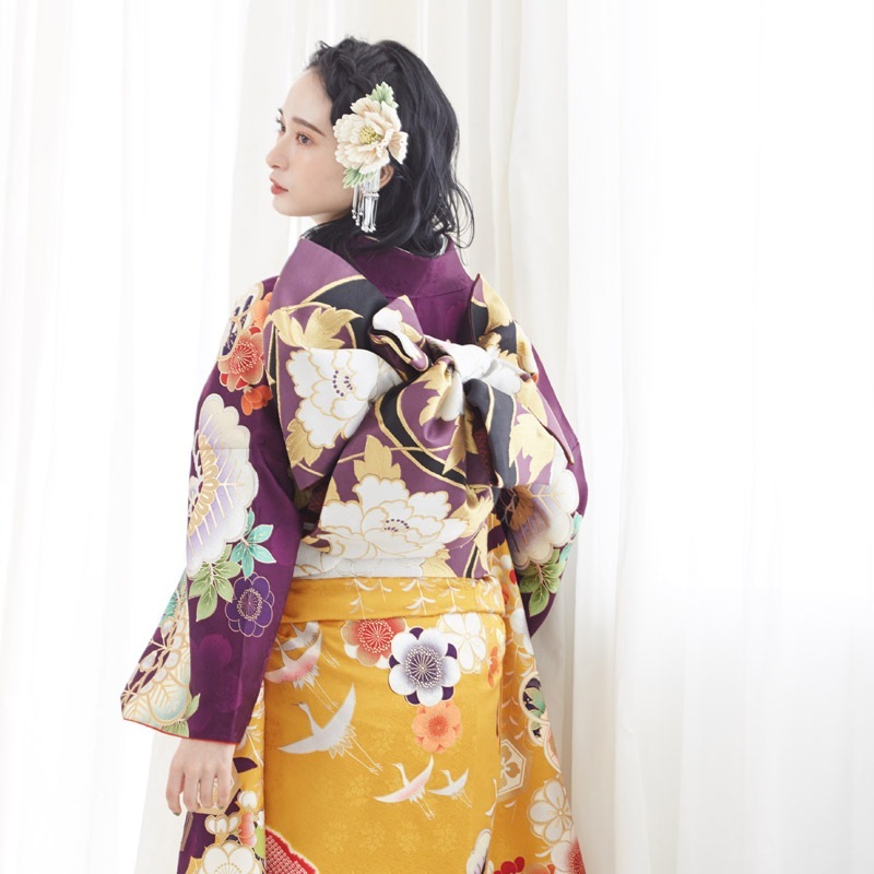 成人式振袖レンタル オレンジ×紫 松竹梅桜藤に鶴(絹)