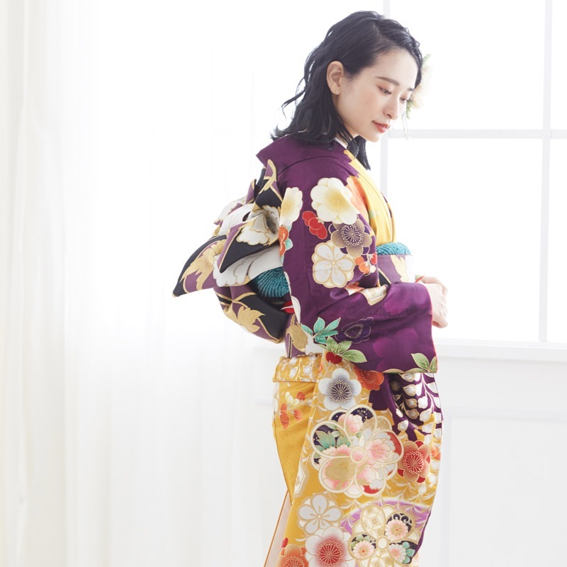 成人式振袖レンタル オレンジ×紫 松竹梅桜藤に鶴(絹)