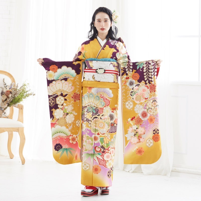 成人式振袖レンタル オレンジ×紫 松竹梅桜藤に鶴(絹)